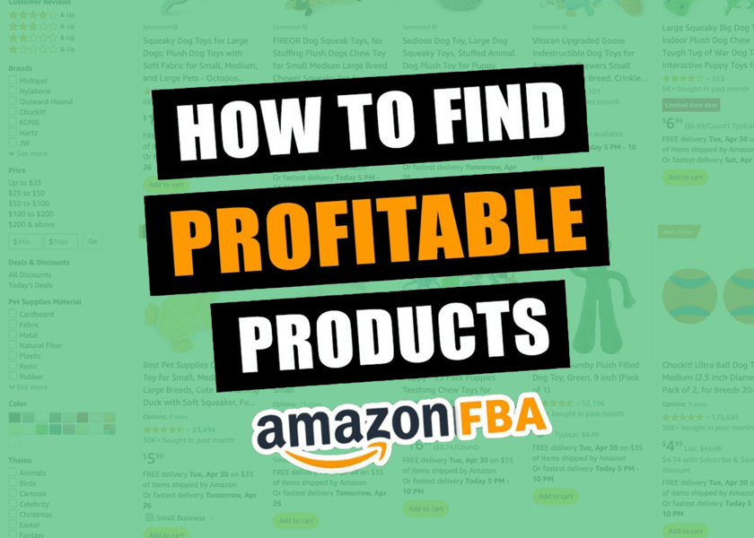 an amazon product listing page showing various dog toys and the text how to find profitable products amazon fba highlighted in bold suggesting tips or strategies for finding lucrative products to sell on amazons fulfillment by amazon fba program | astrogrowth
